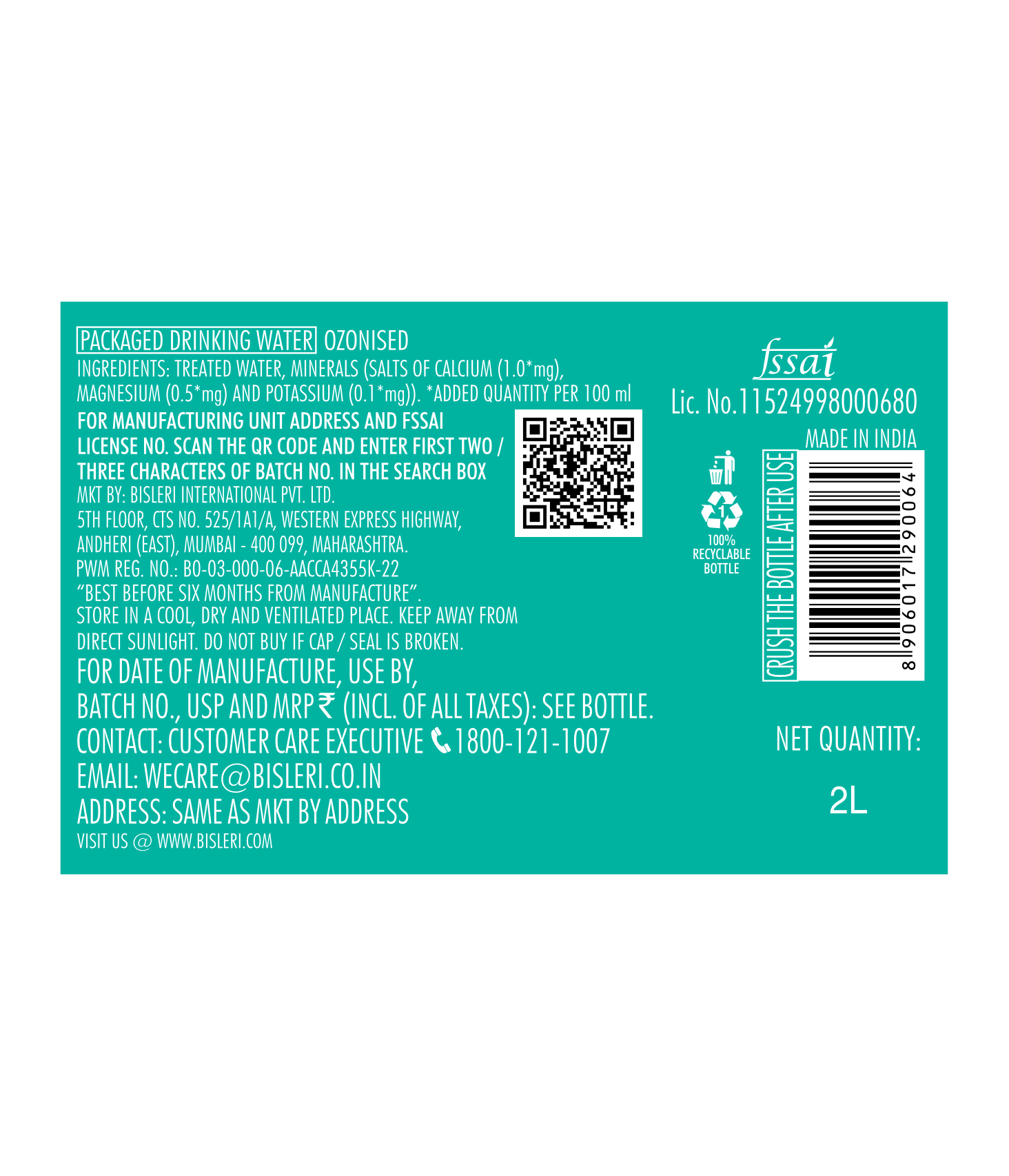 Bisleri 2 L Packaged Drinking Water ingredient